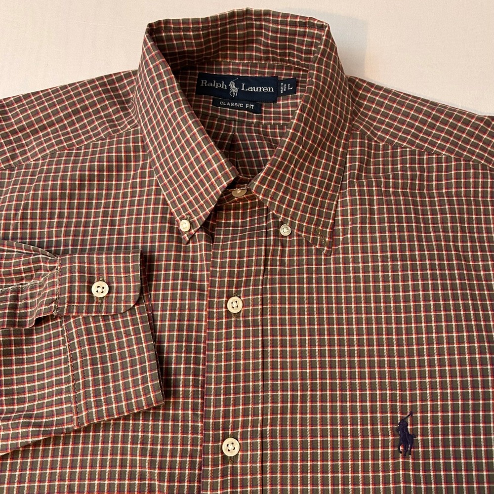 Ralph Lauren Shirt Mens Large Red Plaid Checkered Classic Fit Button Down Cotton